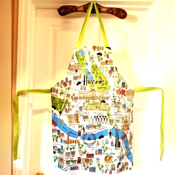 HARRODS Vtg London UK Map Dept Store Oil Cloth Easy Wipe Souvenir Tie Chef Apron - Picture 7 of 16